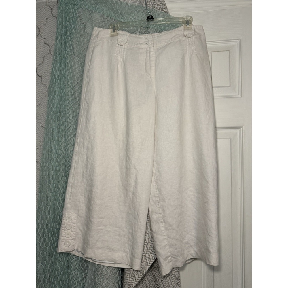 LOFT Ann White Wide Leg 100% Linen Capris Belt Loops Pockets Button Decor 10